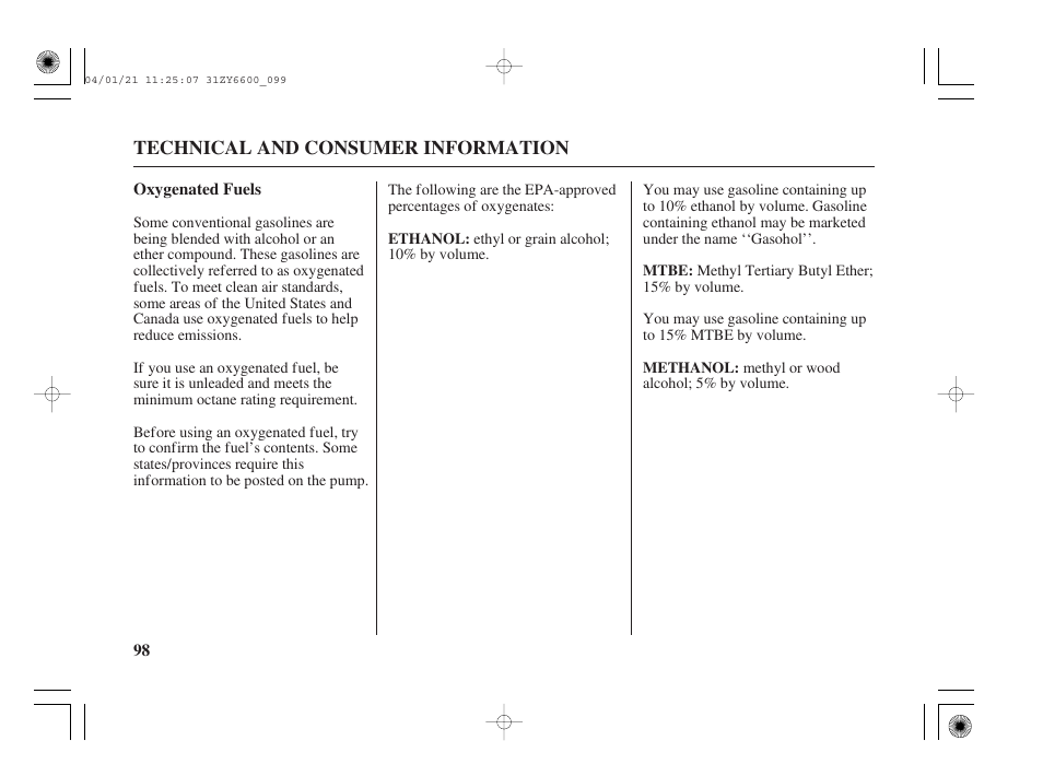 Oxygenated fuels | HONDA Outboard Motor BF135A User Manual | Page 100 / 118