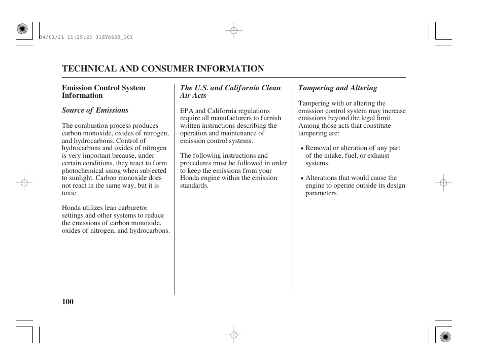 Emission control system information | HONDA Outboard Motor BF135A User Manual | Page 102 / 118