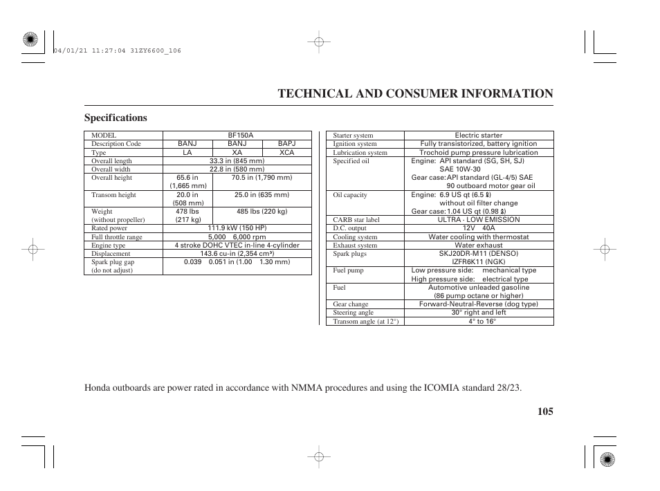 Technical and consumer information, 105 specifications | HONDA Outboard Motor BF135A User Manual | Page 107 / 118