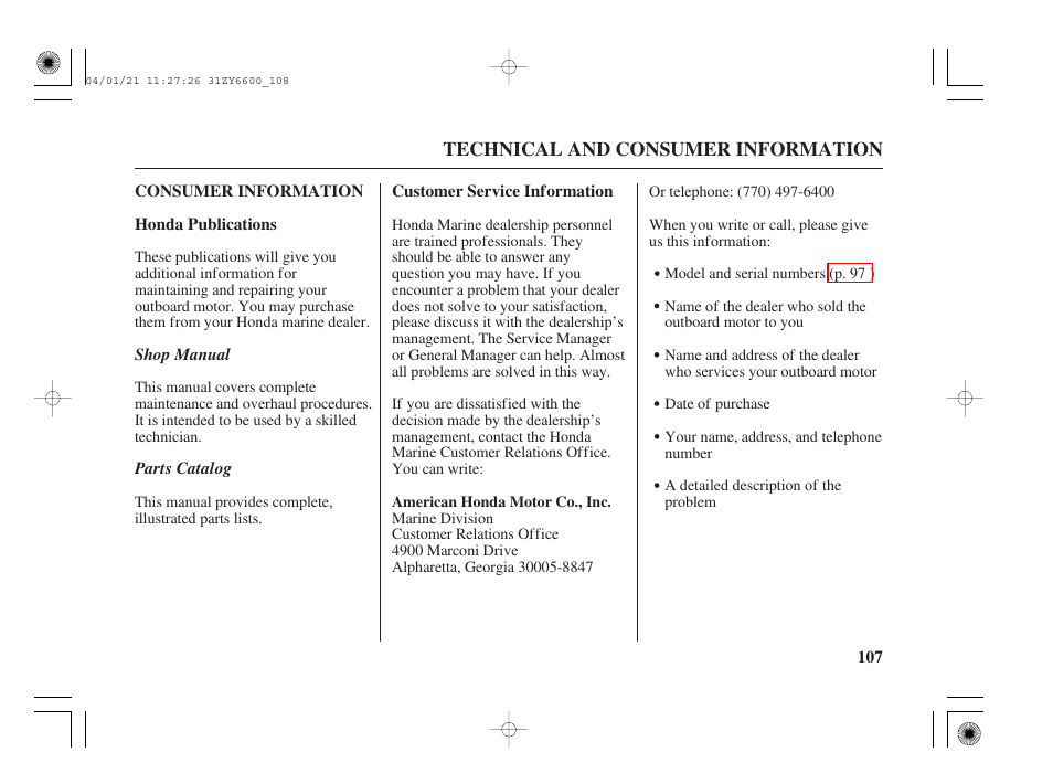 Consumer information, Honda publications, Customer service information | HONDA Outboard Motor BF135A User Manual | Page 109 / 118