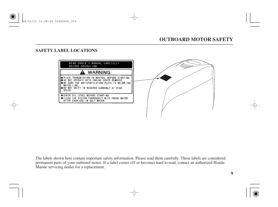 Safety label locations | HONDA Outboard Motor BF135A User Manual | Page 11 / 118