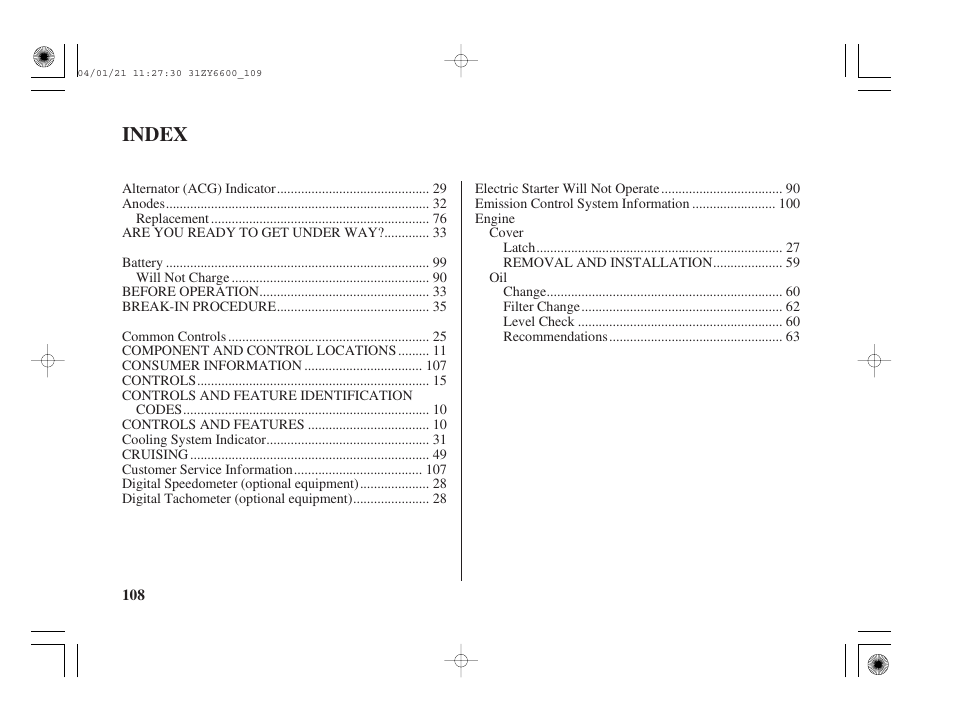 Index | HONDA Outboard Motor BF135A User Manual | Page 110 / 118