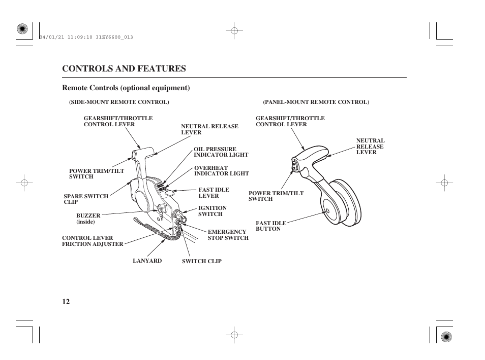 Remote controls (optional equipment), Controls and features | HONDA Outboard Motor BF135A User Manual | Page 14 / 118