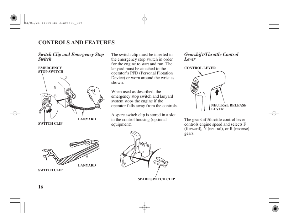 Controls and features | HONDA Outboard Motor BF135A User Manual | Page 18 / 118