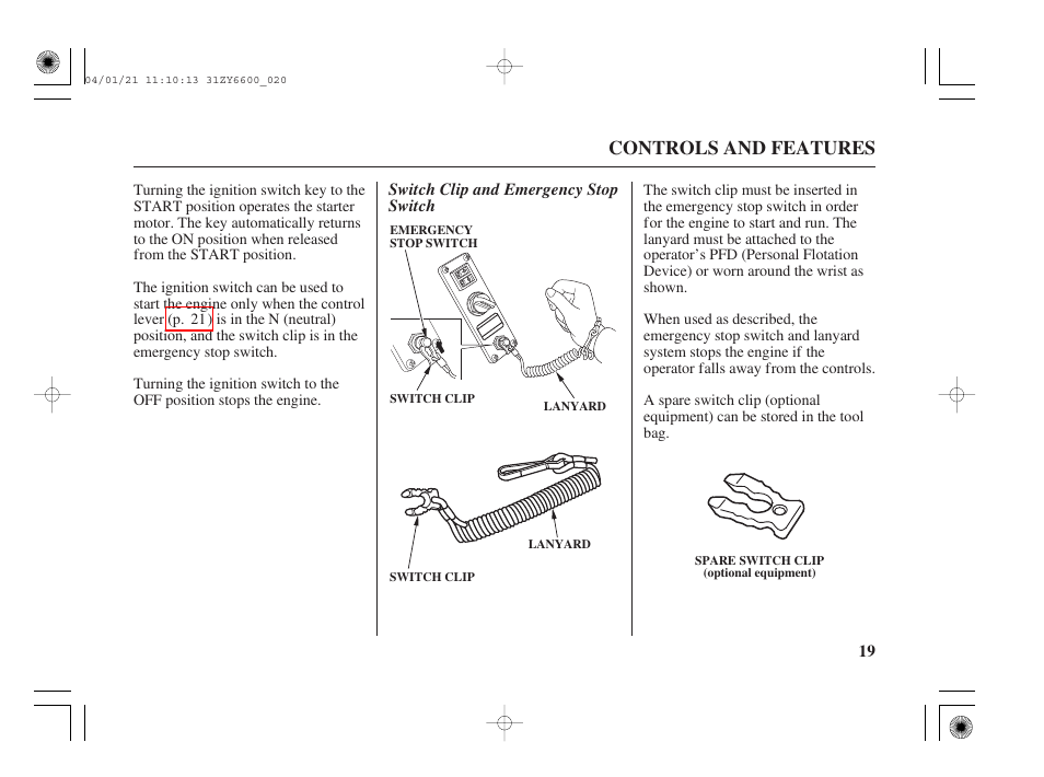 Controls and features | HONDA Outboard Motor BF135A User Manual | Page 21 / 118