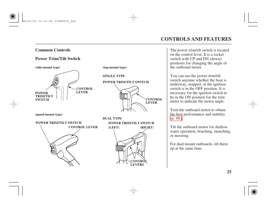 Common controls, Controls and features | HONDA Outboard Motor BF135A User Manual | Page 27 / 118