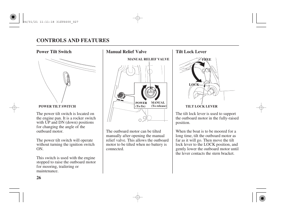 Controls and features | HONDA Outboard Motor BF135A User Manual | Page 28 / 118