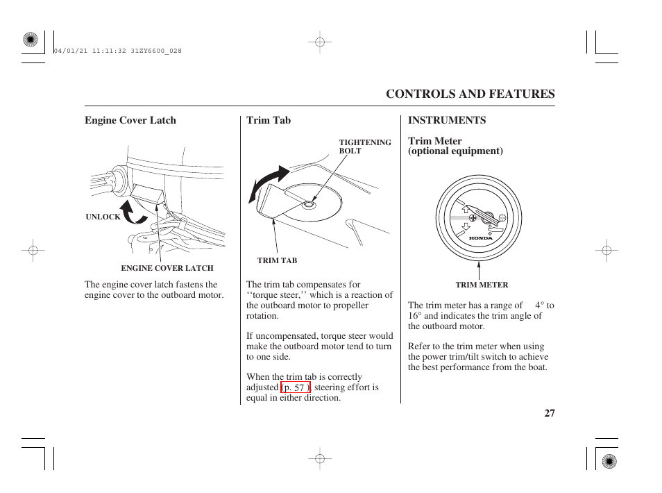 Instruments, Trim meter (optional equipment), Controls and features | HONDA Outboard Motor BF135A User Manual | Page 29 / 118