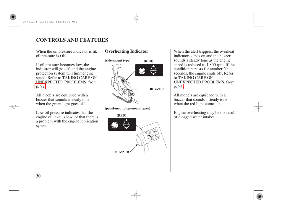 Overheating indicator, Controls and features | HONDA Outboard Motor BF135A User Manual | Page 32 / 118