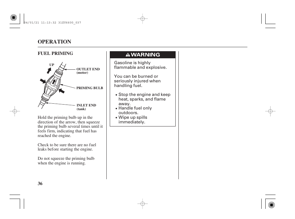 Fuel priming, Operation | HONDA Outboard Motor BF135A User Manual | Page 38 / 118