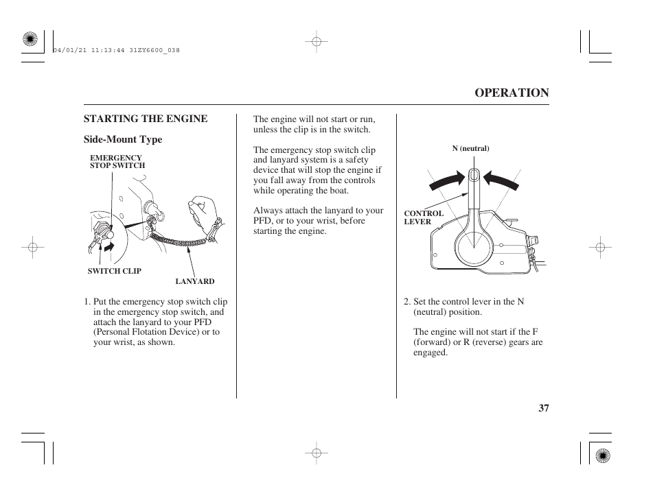 Starting the engine, Side-mount type, Operation | HONDA Outboard Motor BF135A User Manual | Page 39 / 118