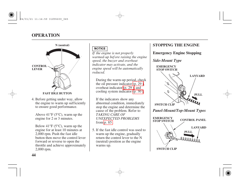 Stopping the engine, Emergency engine stopping, Operation | HONDA Outboard Motor BF135A User Manual | Page 46 / 118