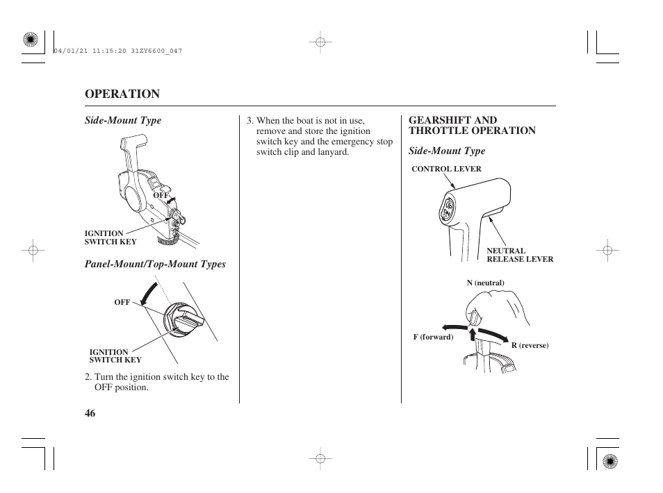 Gearshift and throttle operation, Operation | HONDA Outboard Motor BF135A User Manual | Page 48 / 118