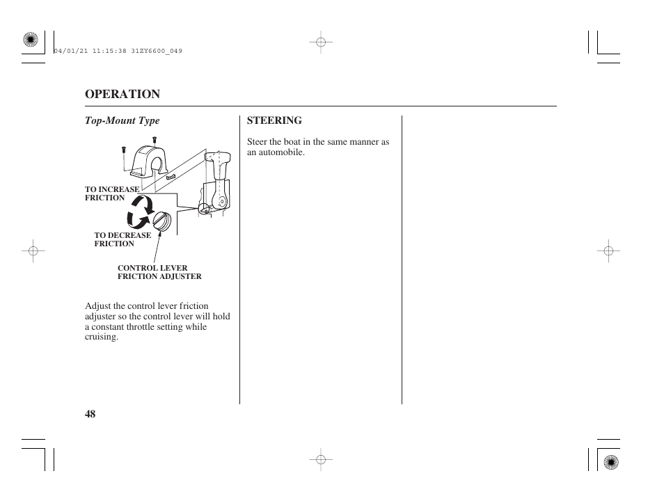 Steering, Operation | HONDA Outboard Motor BF135A User Manual | Page 50 / 118