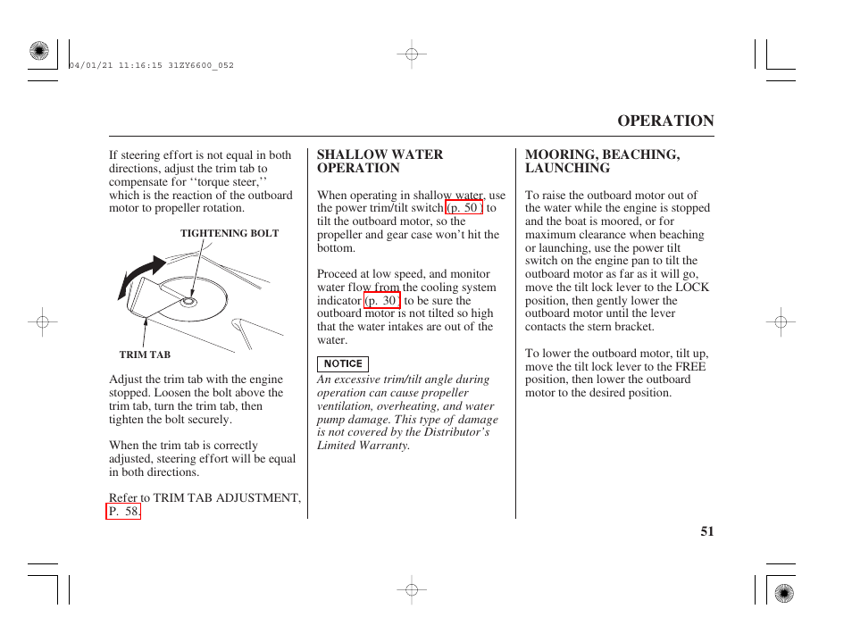 Shallow water operation, Mooring, beaching, launching | HONDA Outboard Motor BF135A User Manual | Page 53 / 118