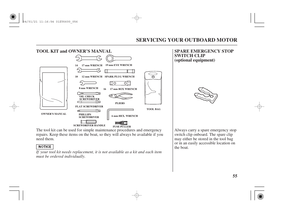 Tool kit and owner's manual, Servicing your outboard motor | HONDA Outboard Motor BF135A User Manual | Page 57 / 118