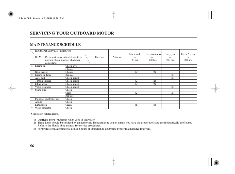 Maintenance schedule, Servicing your outboard motor, 56 maintenance schedule | HONDA Outboard Motor BF135A User Manual | Page 58 / 118