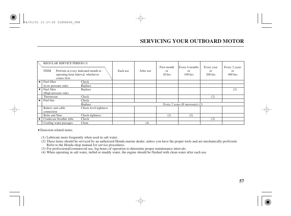 Servicing your outboard motor | HONDA Outboard Motor BF135A User Manual | Page 59 / 118