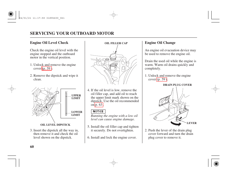 Engine oil level check, Engine oil change | HONDA Outboard Motor BF135A User Manual | Page 62 / 118