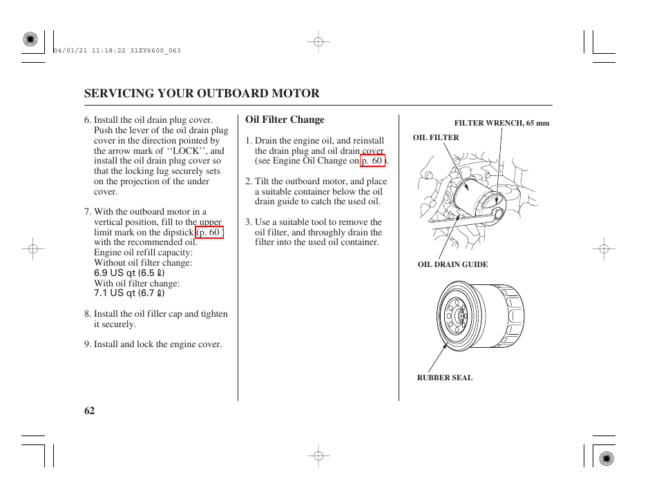 Oil filter change | HONDA Outboard Motor BF135A User Manual | Page 64 / 118