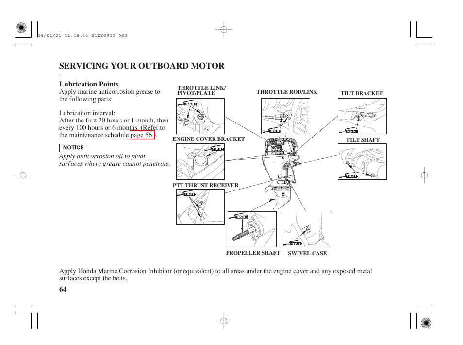 Lubrication points, Servicing your outboard motor | HONDA Outboard Motor BF135A User Manual | Page 66 / 118