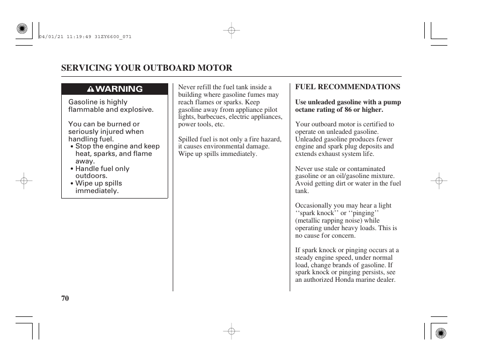 Fuel recommendations | HONDA Outboard Motor BF135A User Manual | Page 72 / 118