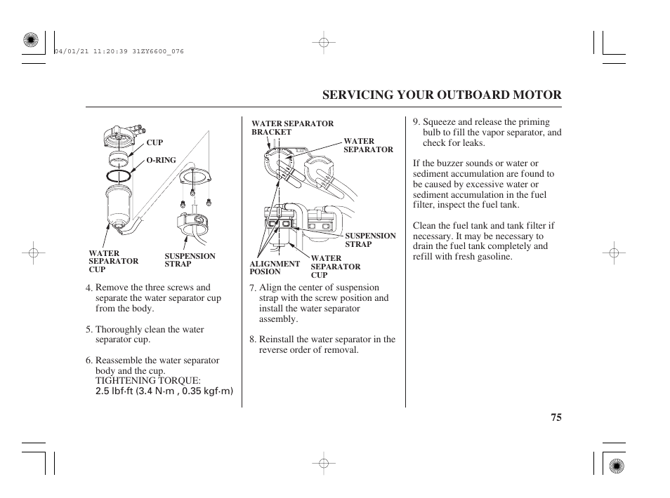 Servicing your outboard motor | HONDA Outboard Motor BF135A User Manual | Page 77 / 118