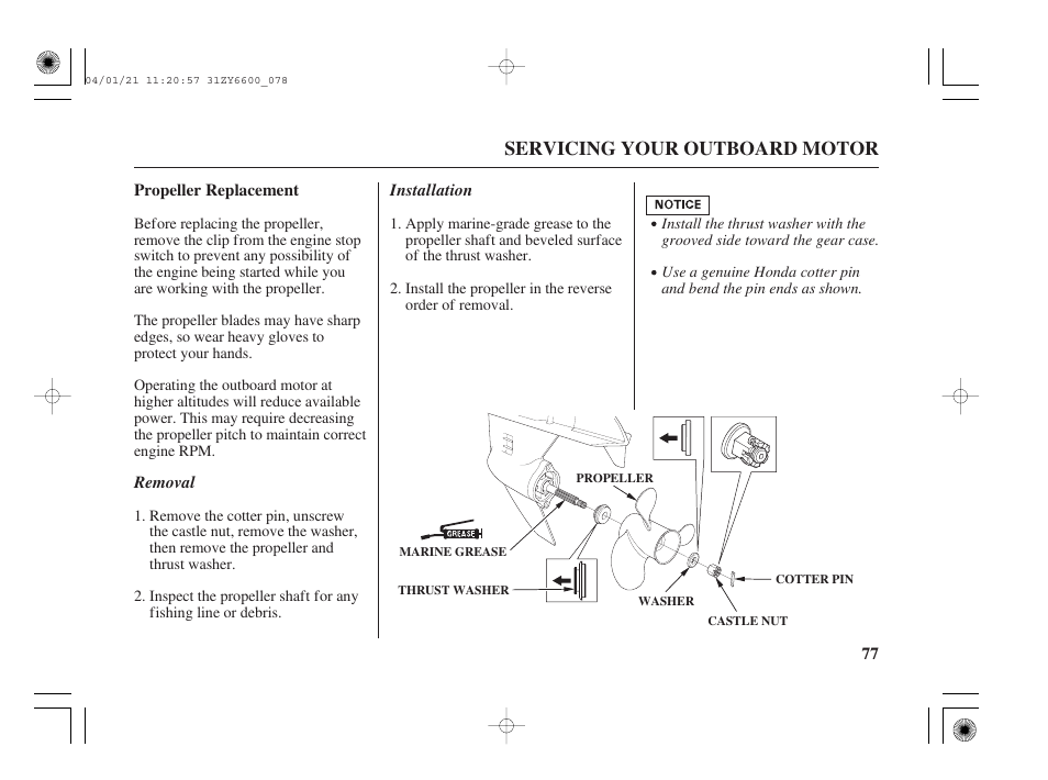 Propeller replacement, Servicing your outboard motor | HONDA Outboard Motor BF135A User Manual | Page 79 / 118