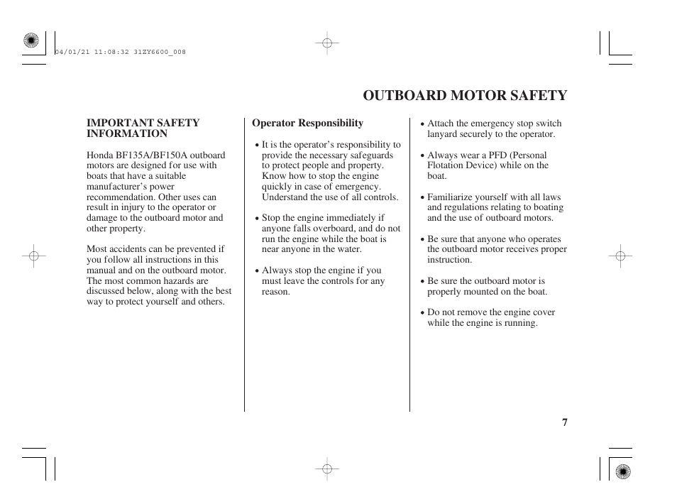 Outboard motor safety, Important safety information | HONDA Outboard Motor BF135A User Manual | Page 9 / 118