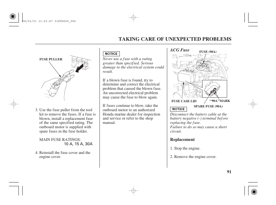 Taking care of unexpected problems | HONDA Outboard Motor BF135A User Manual | Page 93 / 118