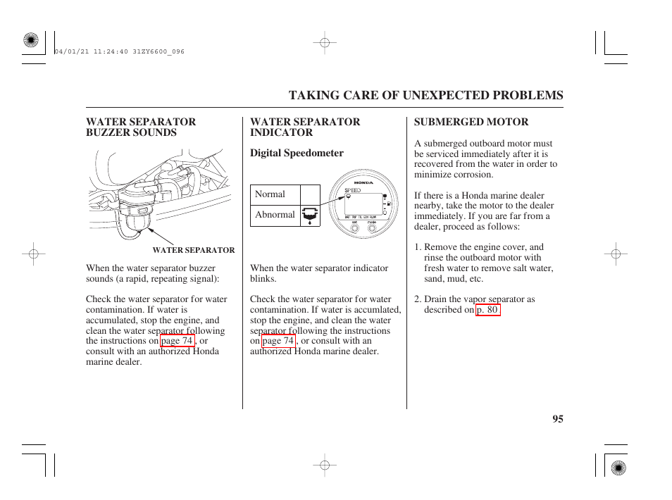 Water separator buzzer sounds, Water separator indicator, Submerged motor | HONDA Outboard Motor BF135A User Manual | Page 97 / 118