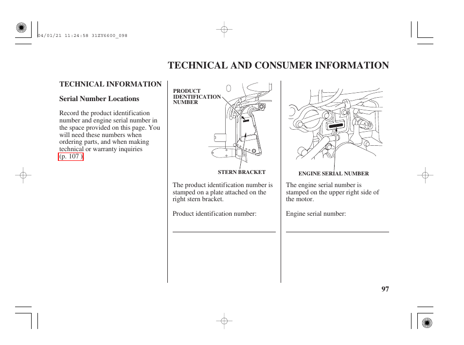 Technical and consumer information, Technical information, Serial number locations | Technical and consumer information . 97 | HONDA Outboard Motor BF135A User Manual | Page 99 / 118