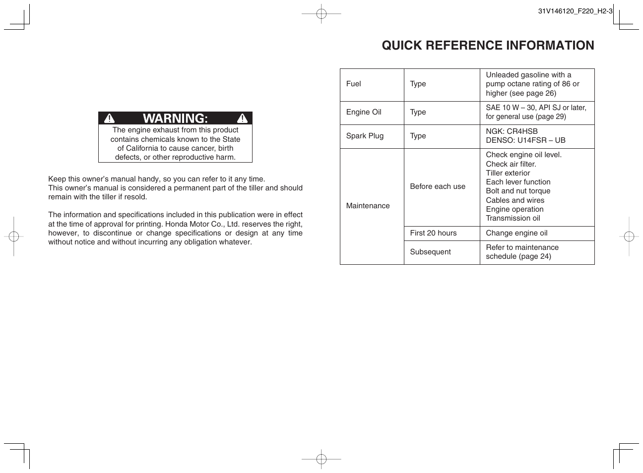 Quick reference information | HONDA F220 User Manual | Page 2 / 60