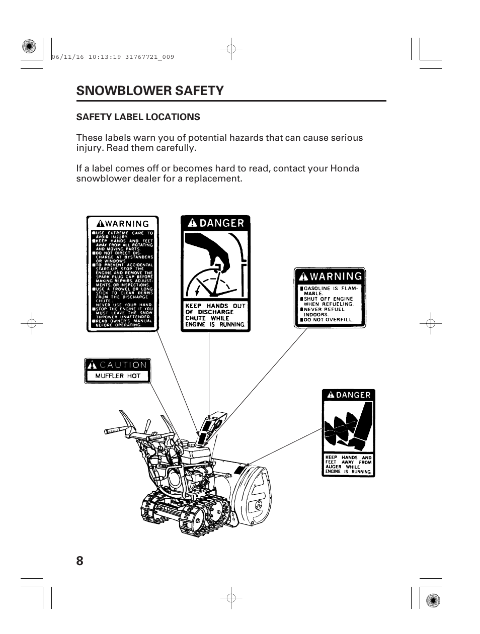 Safety label locations, 8snowblower safety | HONDA HS1132 User Manual | Page 10 / 80