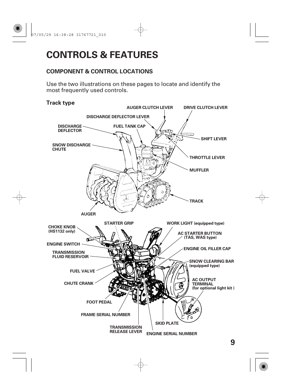 Controls & features, Component & control locations, Control & features | Component & control locations track type | HONDA HS1132 User Manual | Page 11 / 80