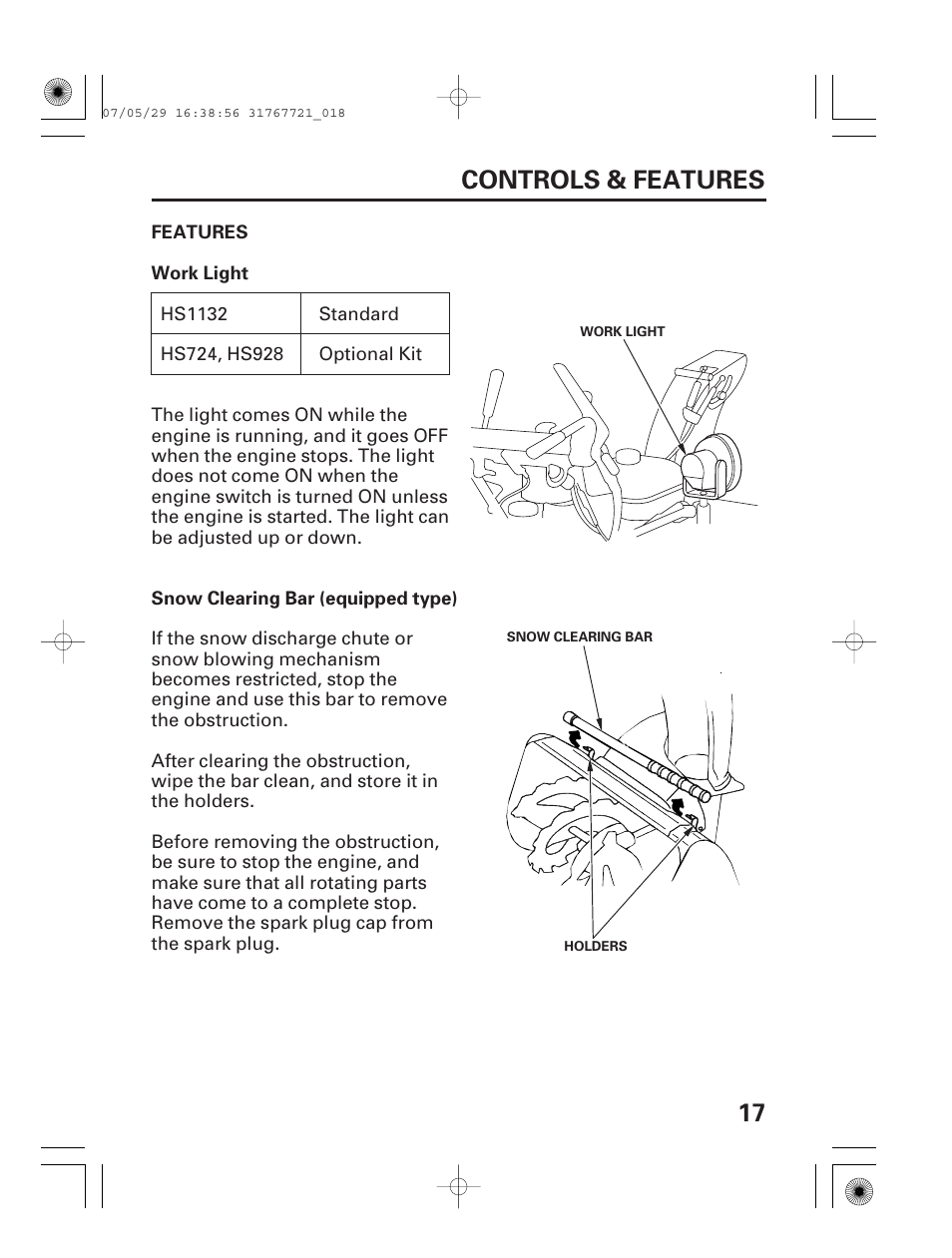 Features, Work light, Snow clearing bar (equipped type) | 17 controls & features | HONDA HS1132 User Manual | Page 19 / 80