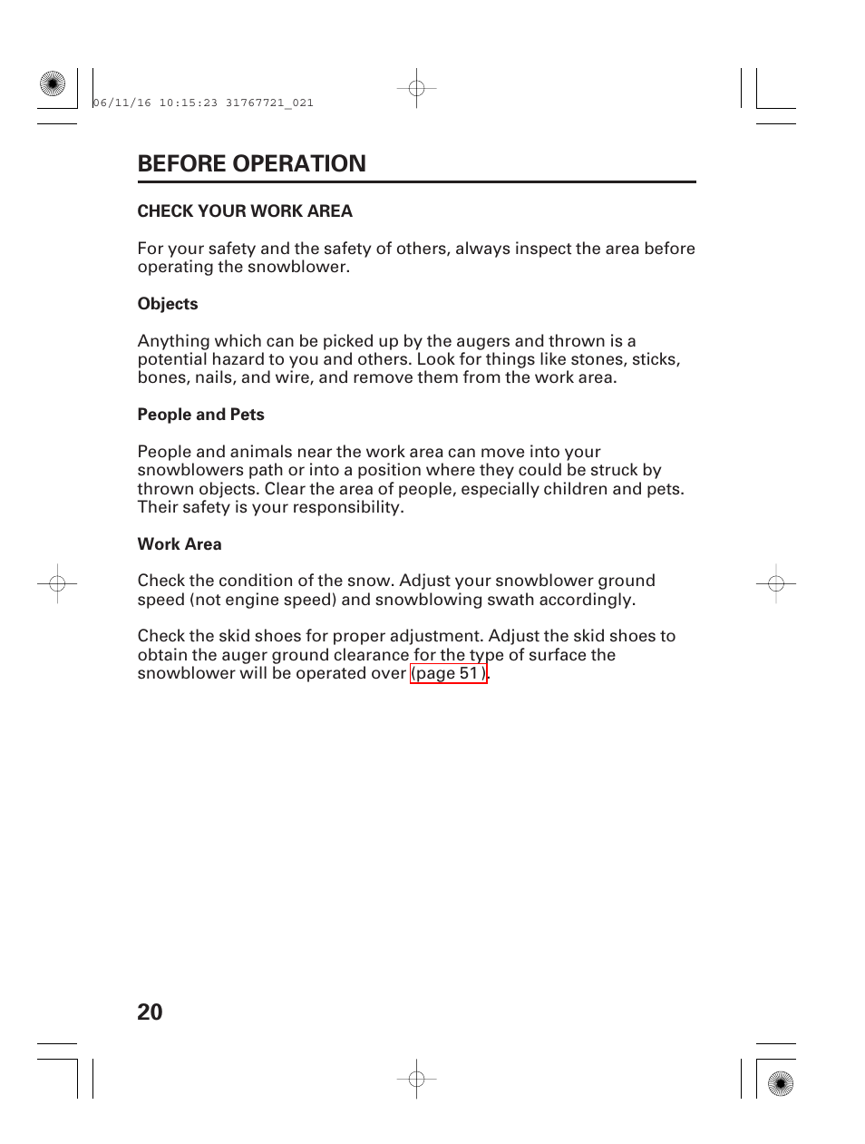 Check your work area, 20 before operation | HONDA HS1132 User Manual | Page 22 / 80