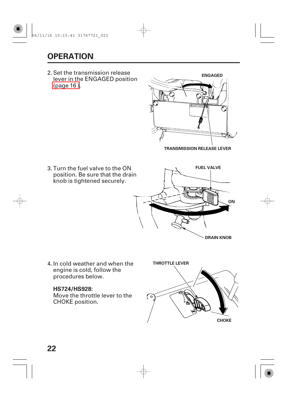 22 operation | HONDA HS1132 User Manual | Page 24 / 80