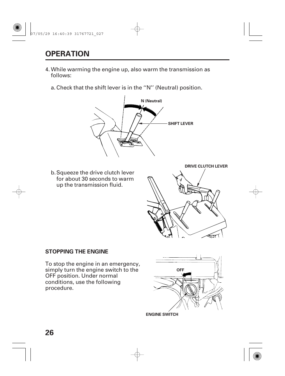 Stopping the engine, 26 operation | HONDA HS1132 User Manual | Page 28 / 80