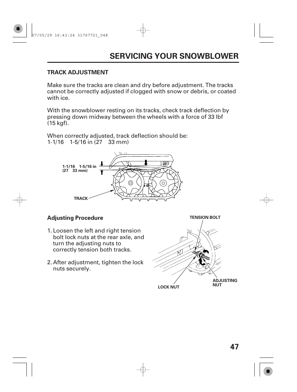 Track adjustment, 47 servicing your snowblower | HONDA HS1132 User Manual | Page 49 / 80