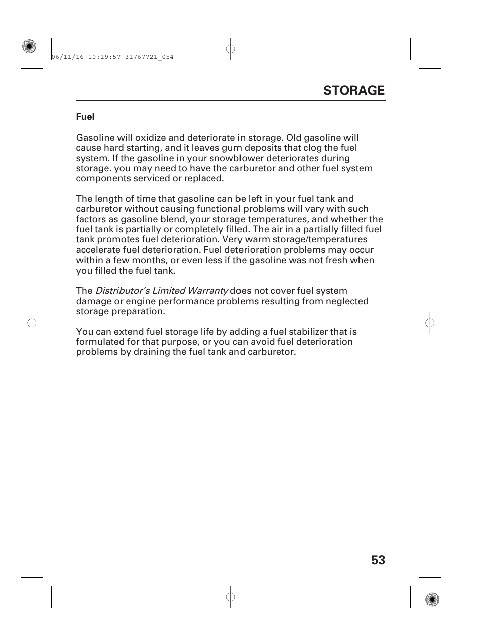 Fuel, 53 storage | HONDA HS1132 User Manual | Page 55 / 80