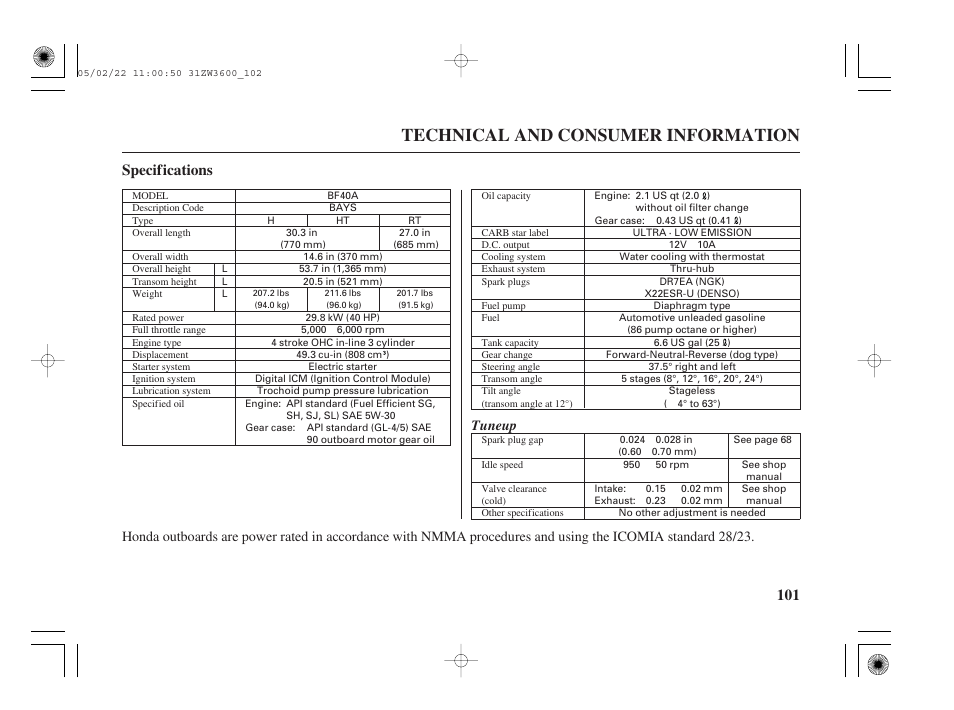 Specifications, Technical and consumer information, 101 specifications | Tuneup | HONDA Outdoor Motor BF50A User Manual | Page 103 / 126