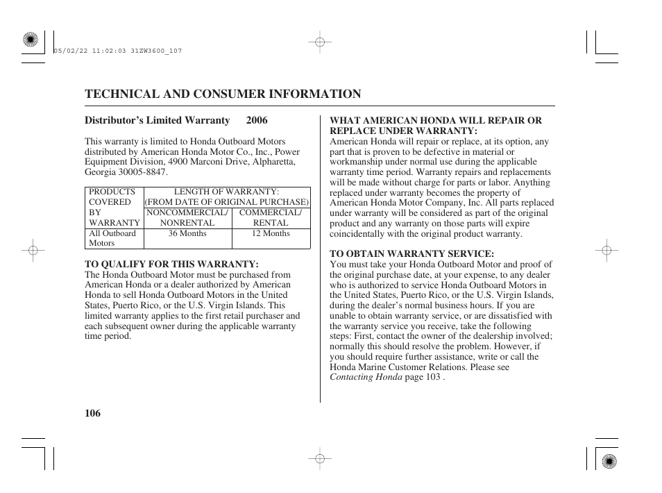 Distributor's limited warranty, Technical and consumer information | HONDA Outdoor Motor BF50A User Manual | Page 108 / 126