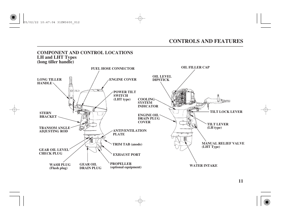 Component and control locations, Lh and lht types, Controls and features | HONDA Outdoor Motor BF50A User Manual | Page 13 / 126