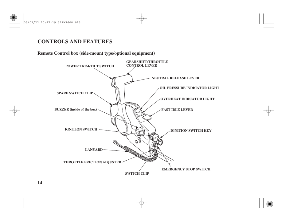 Remote control box (optional), Controls and features | HONDA Outdoor Motor BF50A User Manual | Page 16 / 126