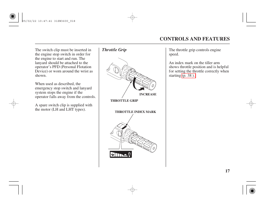 Throttle grip, Controls and features | HONDA Outdoor Motor BF50A User Manual | Page 19 / 126