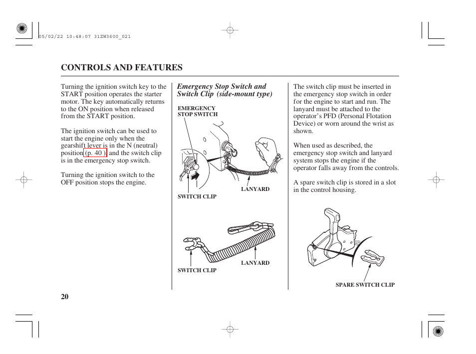 Emergency stop switch and switch clip, Controls and features | HONDA Outdoor Motor BF50A User Manual | Page 22 / 126