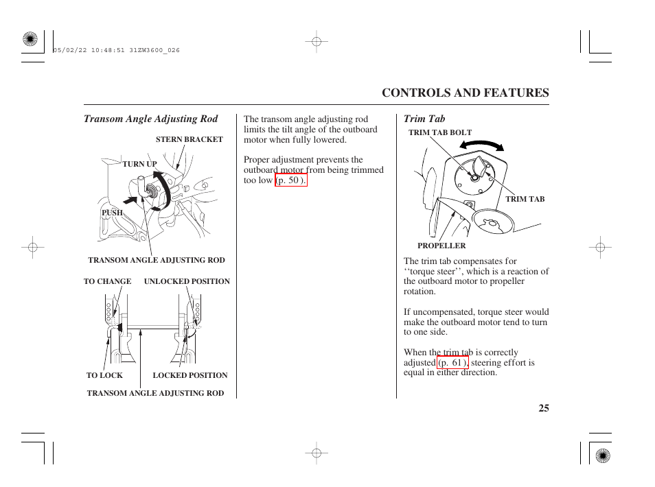 Transom angle adjusting rod, Trim tab, Controls and features | HONDA Outdoor Motor BF50A User Manual | Page 27 / 126