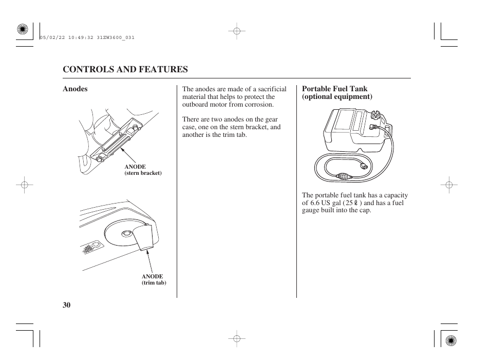 Anodes, Portable fuel tank (optional) | HONDA Outdoor Motor BF50A User Manual | Page 32 / 126