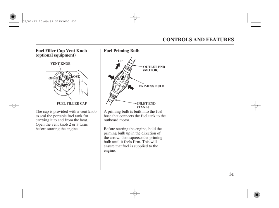 Fuel filler cap vent knob (optional), Fuel priming bulb, Controls and features | HONDA Outdoor Motor BF50A User Manual | Page 33 / 126